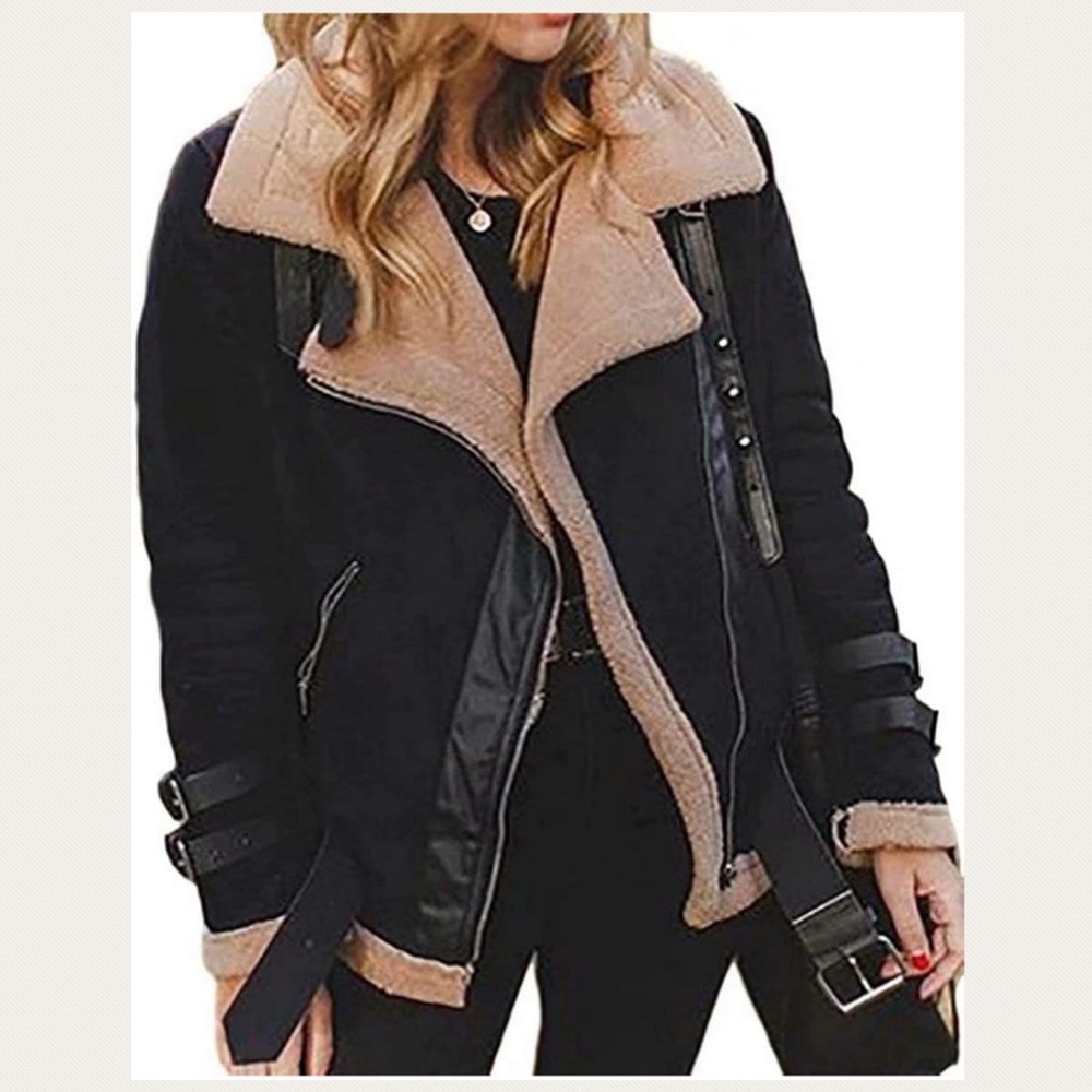 NEW Women's Black and Tan Faux Sueded Shearling Jacket With Belt Size Medium HP